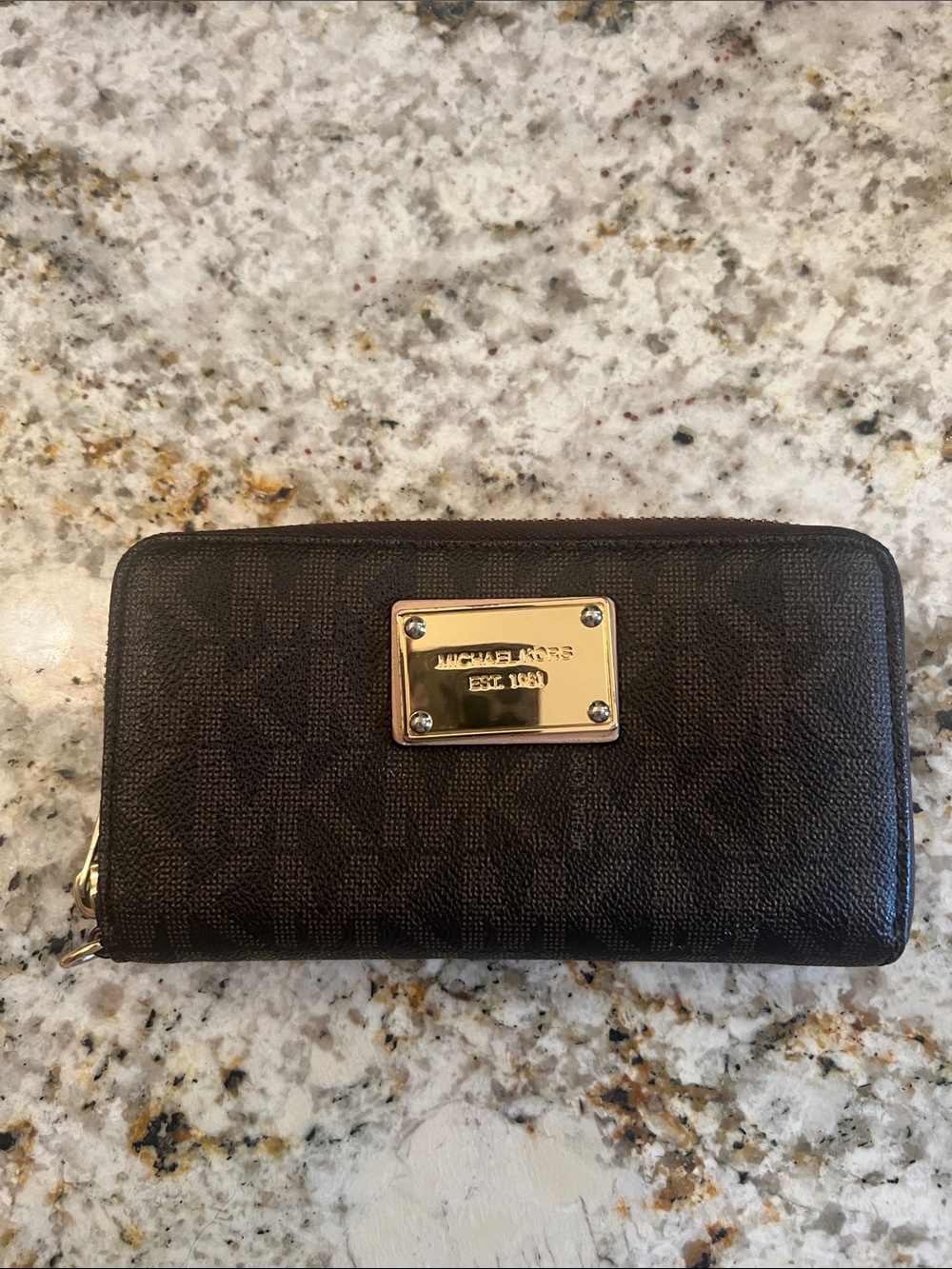 Michael Kors Dark Brown Logo Continental Wallet with Gold Plate